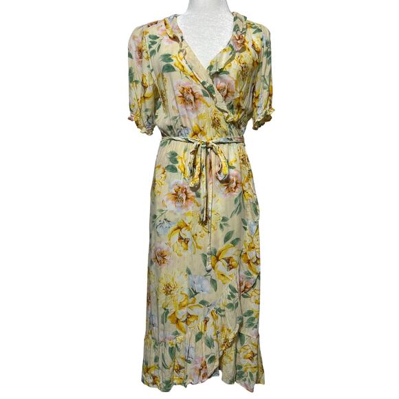 Old Navy Yellow Floral Lightweight Short Sleeve Midi Wrap Dress Size M Ruffle - Picture 1 of 11